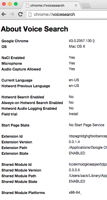 Screen shot of Google Voice Search diagnostic report, taken on Chrome 43 running on MacOS X. The most important lines of text are 'Microphone: Yes', 'Audio Capture Allowed: Yes', 'Hotword Search Enabled: No', and 'Extension State: ENABLED.