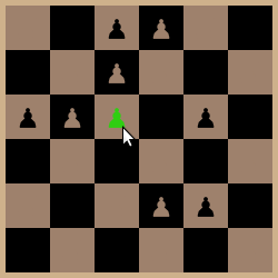 A six-by-six checkerboard grid with chess pawns in random locations.  One of the pawns is green and has a mouse-cursor arrow pointing to it.